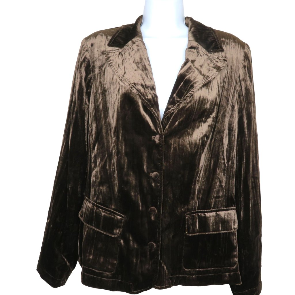 Vintage Womens Brown Crushed Velvet Jacket M Notched Collar Lined Pockets